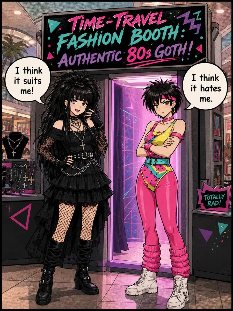 Mall Goth Massacre comic artwork showing a goth and a colorful mall fashion character at an 80s goth fashion booth