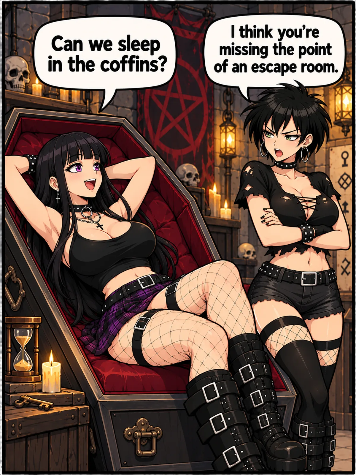 Escape Room comic showing a black-haired goth woman reclining in an open red-lined coffin while her friend explains the point of an escape room