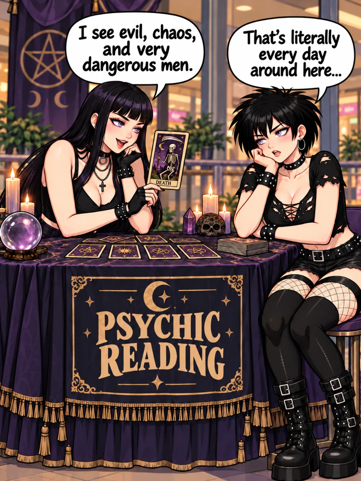 Psychic Reading comic showing a goth tarot reader holding a Death card while another goth reacts at a mall psychic kiosk
