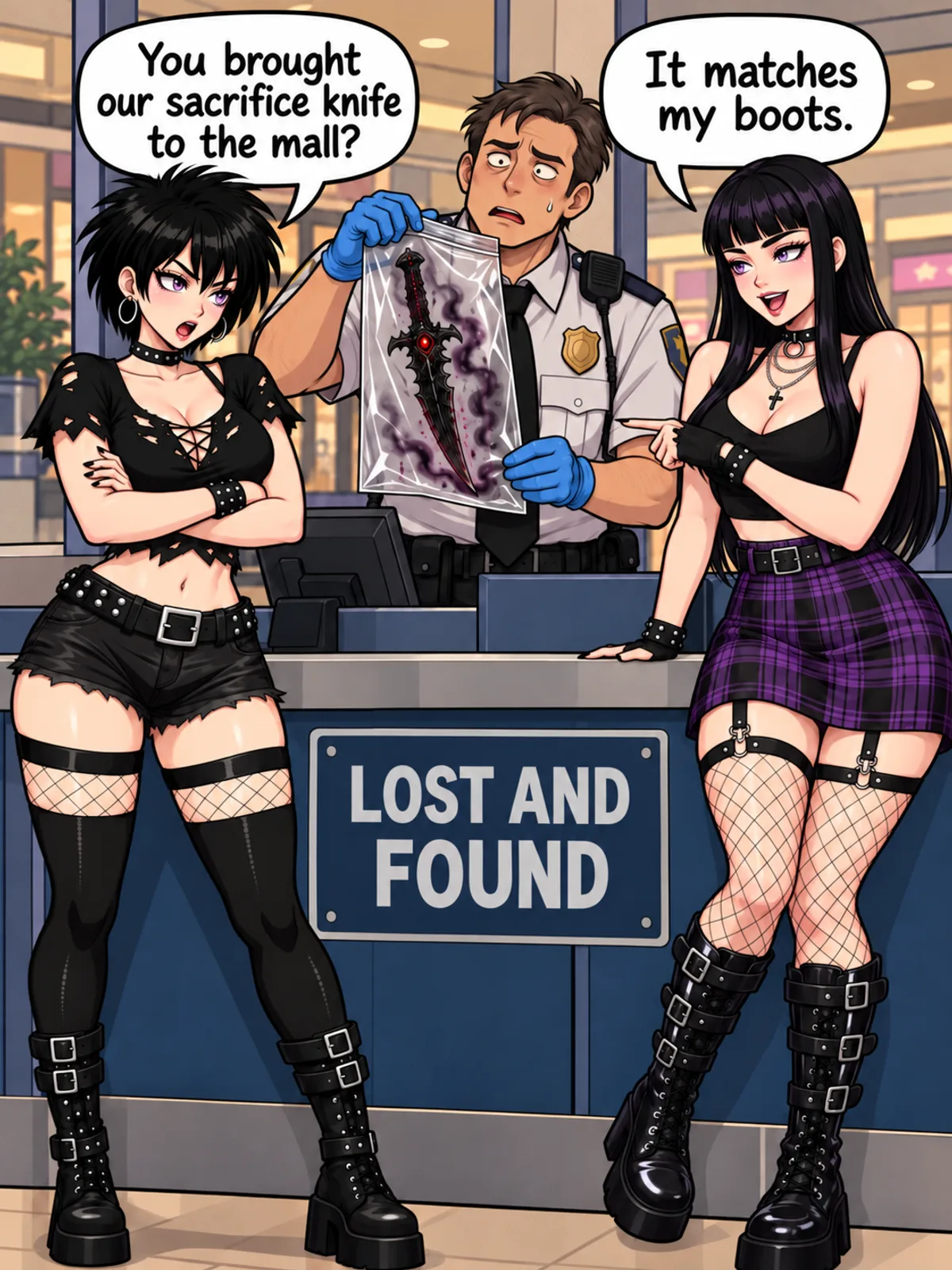 Sacrifice Knife comic showing a mall security guard holding a ritual knife in a bag at the lost and found counter while two goth women look on